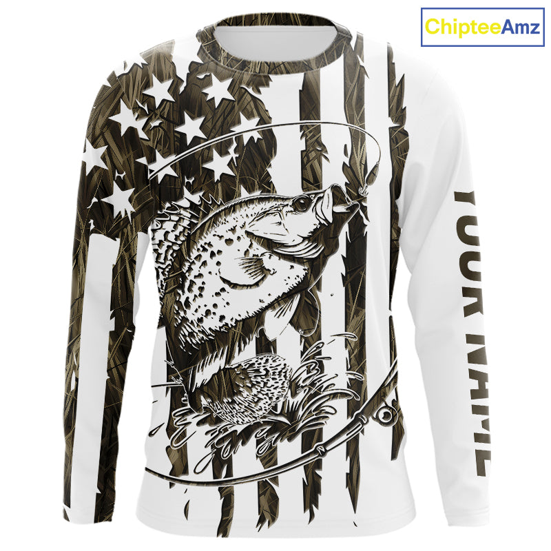 Custom Patrotic Crappie Long Sleeve Camo Fishing Shirts, Crappie US Fishing Shirt IPHW9147