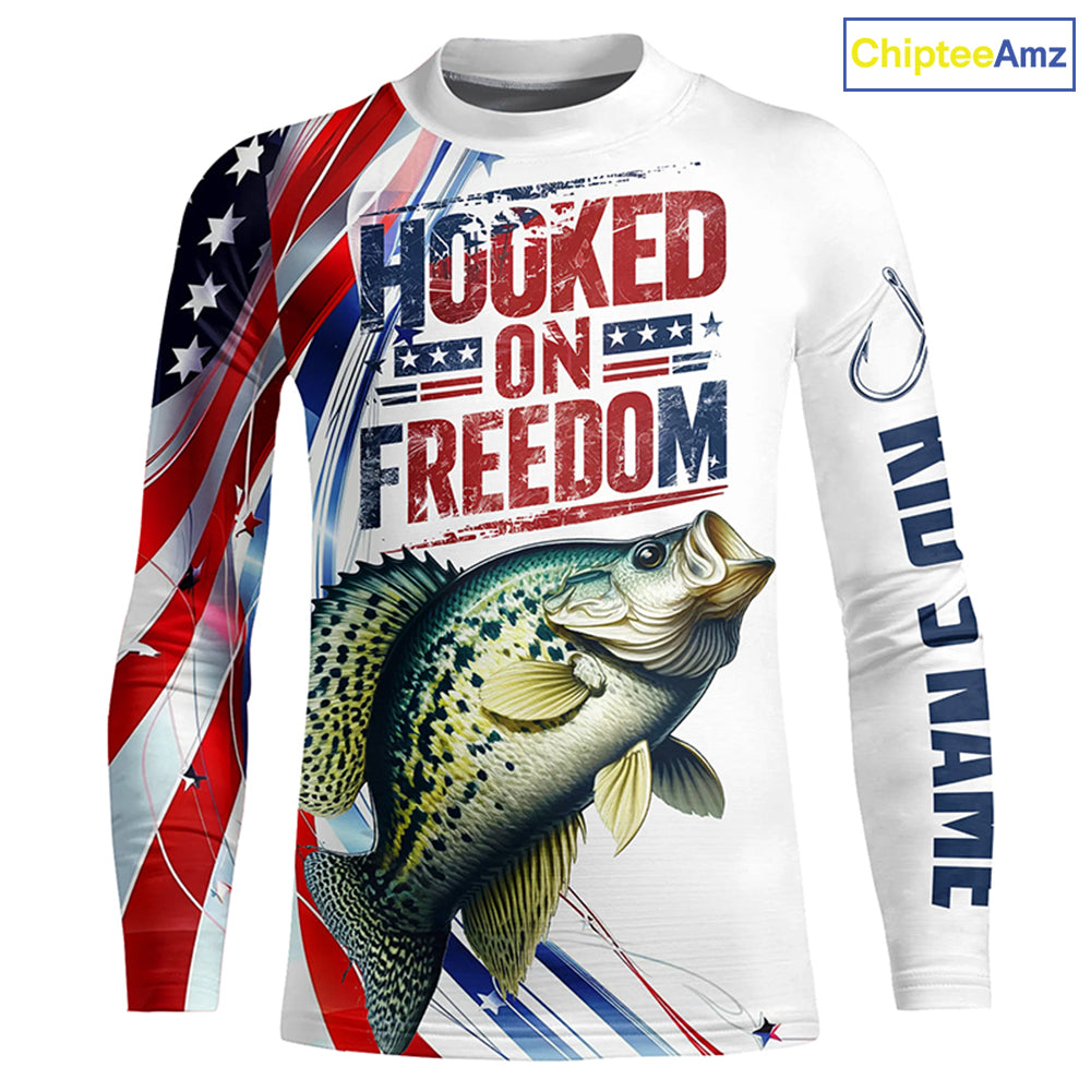 American Flag Crappie Fishing Custom Long Sleeve Fishing Shirts, Patriotic Crappie Fishing Jerseys IPHW6808