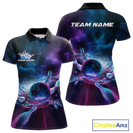 Custom Galaxy Bowling Polo Shirts For Women, Holographic Bowling Team Shirt IPHW9502