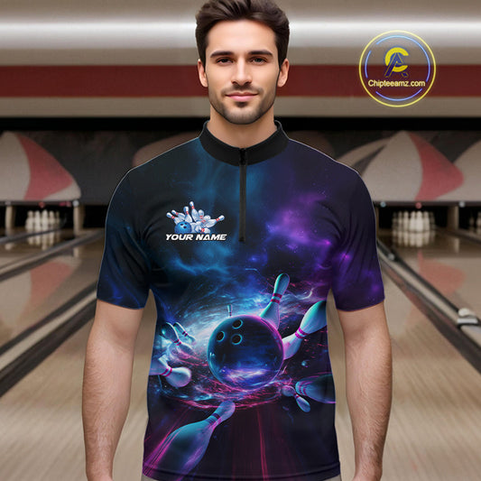 Custom Galaxy Bowling Quarter-Zip Shirts For Men, Holographic Bowling Team Shirt IPHW9502