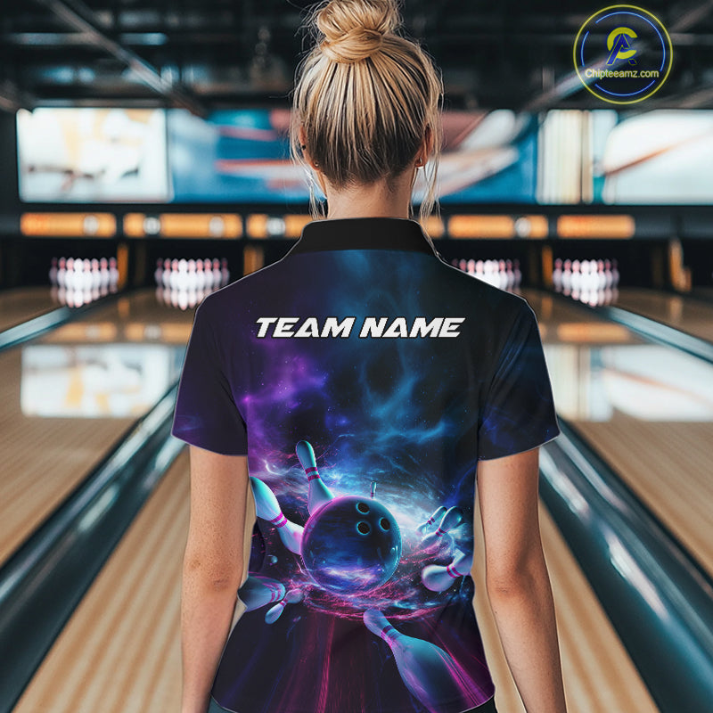 Custom Galaxy Bowling Quarter-Zip Shirts For Women, Holographic Bowling Team Shirt IPHW9502