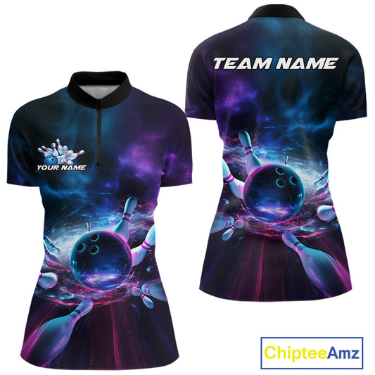 Custom Galaxy Bowling Quarter-Zip Shirts For Women, Holographic Bowling Team Shirt IPHW9502