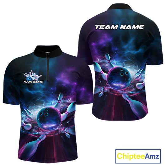 Custom Galaxy Bowling Quarter-Zip Shirts For Men, Holographic Bowling Team Shirt IPHW9502