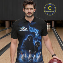 Load image into Gallery viewer, Custom Blue Flame Grim Reaper Bowling Men Polo Shirts, Skull Halloween Bowler Outfit IPHW9734