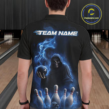 Load image into Gallery viewer, Custom Blue Flame Grim Reaper Bowling Men Polo Shirts, Skull Halloween Bowler Outfit IPHW9734