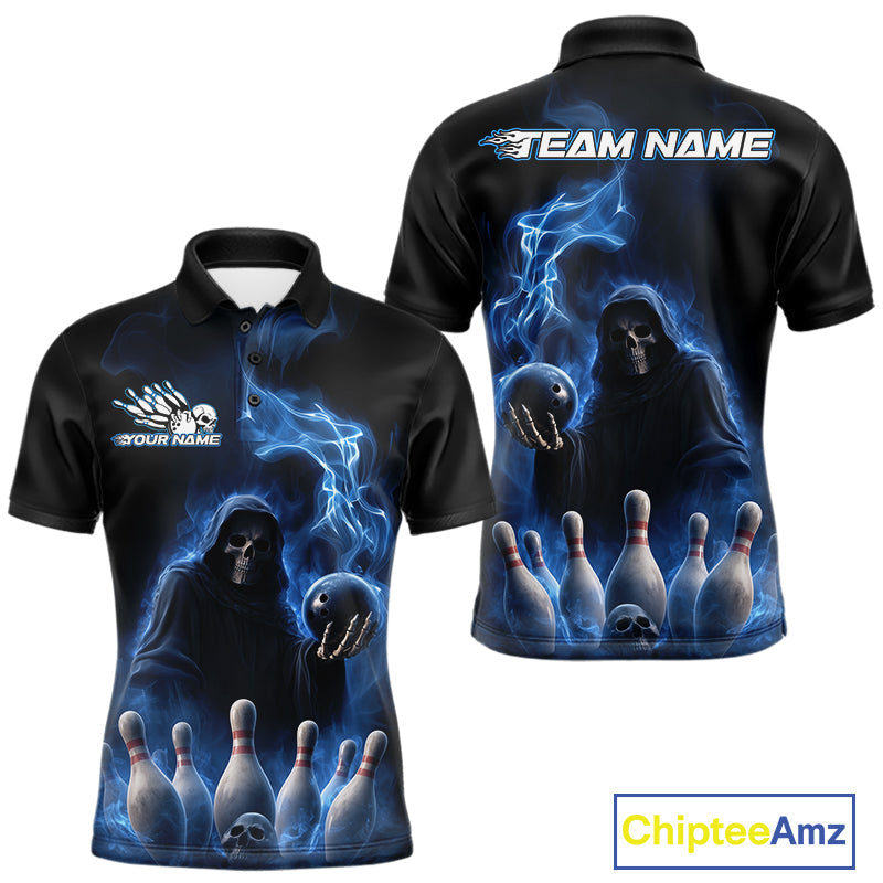 Custom Blue Flame Grim Reaper Bowling Men Polo Shirts, Skull Halloween Bowler Outfit IPHW9734