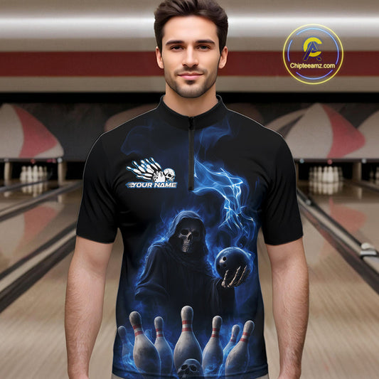 Custom Blue Flame Grim Reaper Bowling Men Quarter-Zip Shirts, Skull Halloween Bowler Outfit IPHW9734