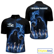 Load image into Gallery viewer, Custom Blue Flame Grim Reaper Bowling Men Quarter-Zip Shirts, Skull Halloween Bowler Outfit IPHW9734