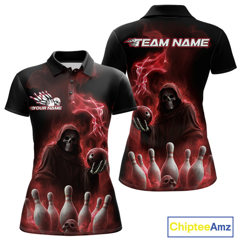 Custom Red Flame Grim Reaper Bowling Women Polo Shirts, Skull Halloween Bowler Outfit IPHW9735
