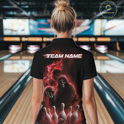 Custom Red Flame Grim Reaper Bowling Women Quarter-Zip Shirts, Skull Halloween Outfit IPHW9735