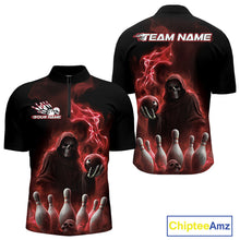 Load image into Gallery viewer, Custom Red Flame Grim Reaper Bowling Men Quarter-Zip Shirts, Skull Halloween Bowler Outfit IPHW9735