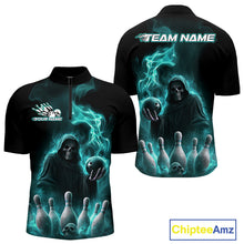 Load image into Gallery viewer, Custom Turquoise Blue Flame Grim Reaper Bowling Men Quarter-Zip Shirts, Halloween Bowler Outfit IPHW9736