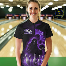 Load image into Gallery viewer, Custom Purple Flame Grim Reaper Bowling Women Quarter-Zip Shirts, Halloween Bowler Outfit IPHW9737