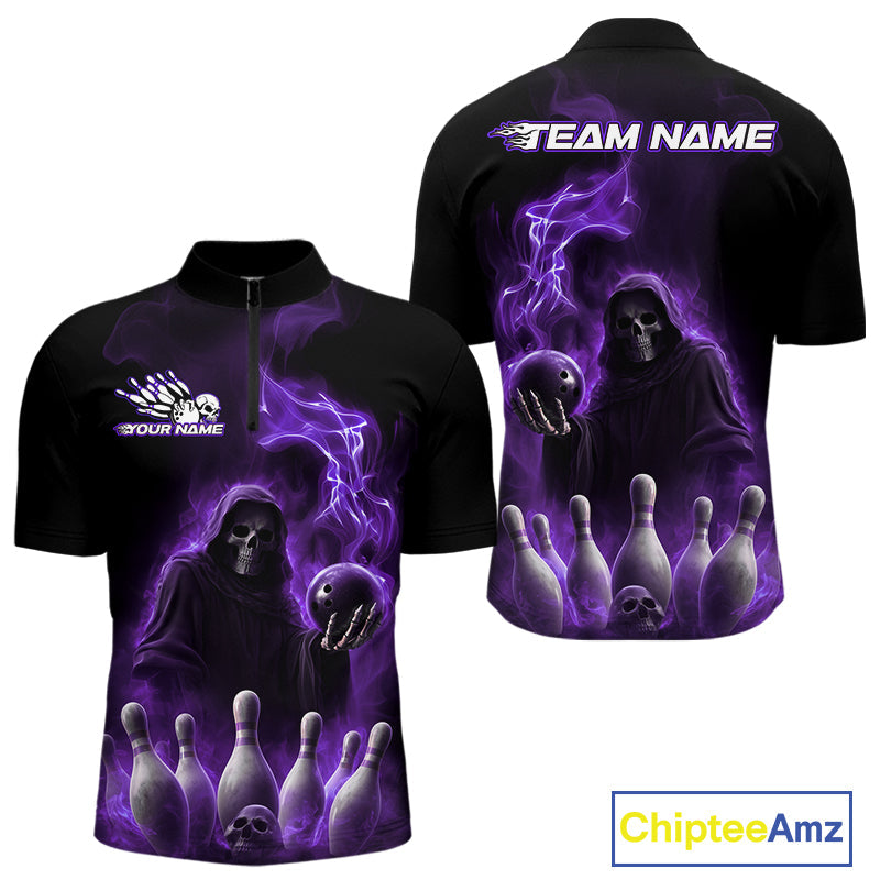 Custom Purple Flame Grim Reaper Bowling Men Quarter-Zip Shirts, Halloween Bowler Outfit IPHW9737
