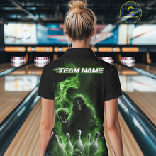 Load image into Gallery viewer, Custom Green Flame Grim Reaper Bowling Women Polo Shirts, Halloween Bowler Outfit IPHW9738
