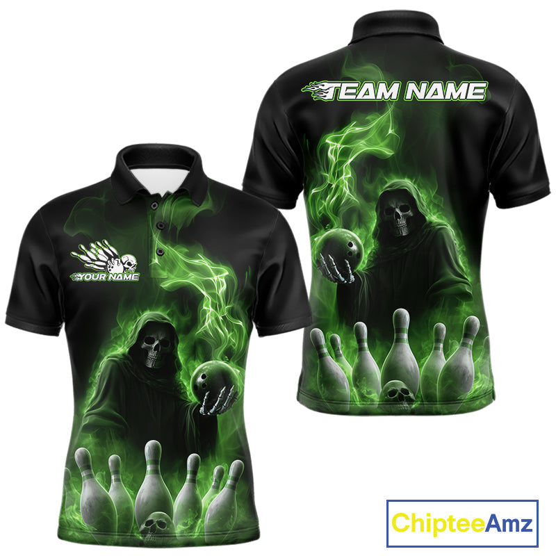 Custom Green Flame Grim Reaper Bowling Men Polo Shirts, Halloween Bowler Outfit IPHW9738