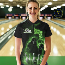 Load image into Gallery viewer, Custom Green Flame Grim Reaper Bowling Women Quarter-Zip Shirts, Halloween Bowler Outfit IPHW9738