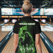 Load image into Gallery viewer, Custom Green Flame Grim Reaper Bowling Women Quarter-Zip Shirts, Halloween Bowler Outfit IPHW9738