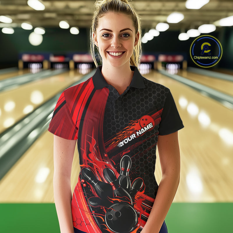 Custom Black And Red Flame Bowling Jerseys, Bowling Team Polo Shirts For Women IPHW9884