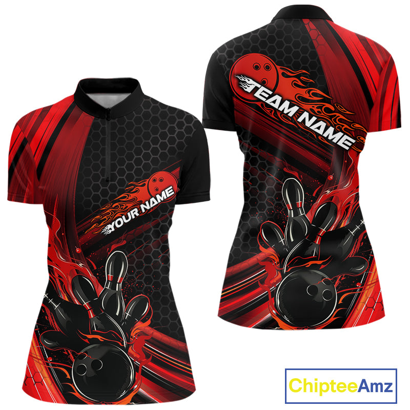 Custom Black And Red Flame Bowling Jerseys, Bowling Team Quarter-Zip Shirts For Women IPHW9884
