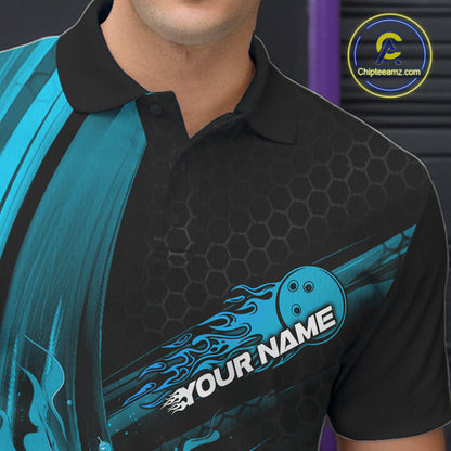 Custom Black And Blue Flame Bowling Jerseys, Bowling Team Polo Shirts For Men IPHW9885