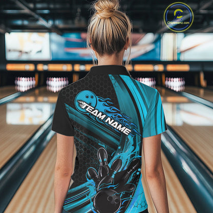 Custom Black And Blue Flame Bowling Jerseys, Bowling Team Polo Shirts For Women IPHW9885
