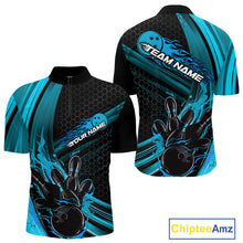 Load image into Gallery viewer, Custom Black And Blue Flame Bowling Jerseys, Bowling Team Quarter-Zip Shirts For Men IPHW9885
