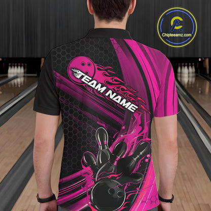 Custom Black And Pink Flame Bowling Jerseys, Bowling Team Polo Shirts For Men IPHW9886