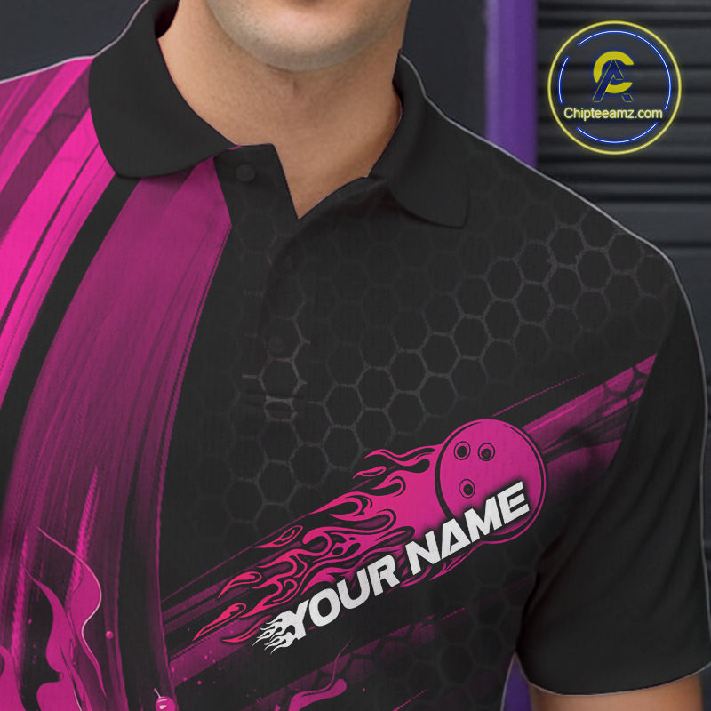 Custom Black And Pink Flame Bowling Jerseys, Bowling Team Polo Shirts For Men IPHW9886