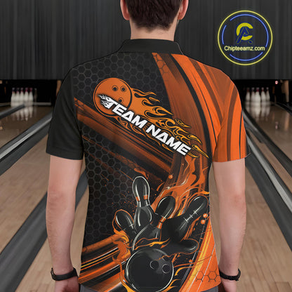 Custom Black And Orange Flame Bowling Jerseys, Bowling Team Polo Shirts For Men IPHW9887