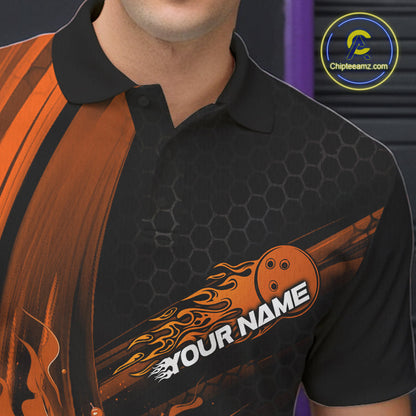 Custom Black And Orange Flame Bowling Jerseys, Bowling Team Polo Shirts For Men IPHW9887