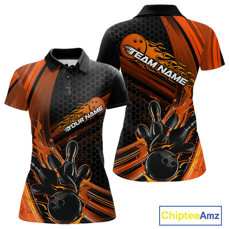 Custom Black And Orange Flame Bowling Jerseys, Bowling Team Polo Shirts For Women IPHW9887