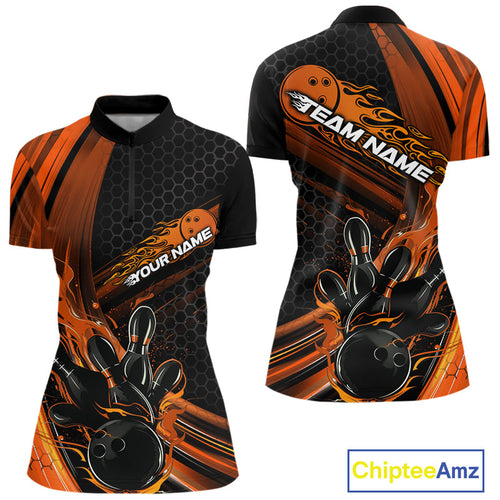 Custom Black And Orange Flame Bowling Jerseys, Bowling Team Quarter-Zip Shirts For Women IPHW9887