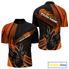 Load image into Gallery viewer, Custom Black And Orange Flame Bowling Jerseys, Bowling Team Quarter-Zip Shirts For Men IPHW9887