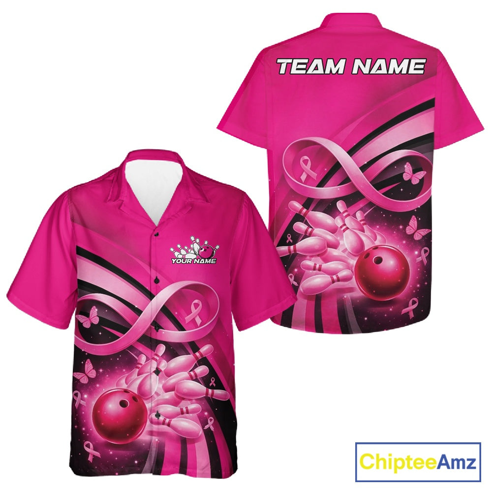 Front and back view of a womens bowling button-up shirt mockup in pink, featuring breast cancer awareness ribbons, butterflies, and bowling graphics.