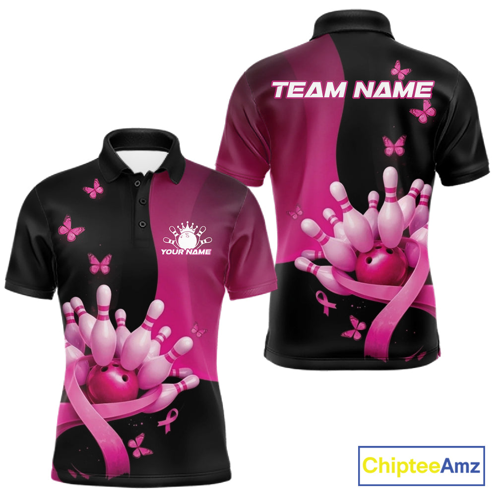 Front and back view of a mens bowling polo shirt mockup in black and pink, featuring breast cancer awareness pink ribbons, butterflies, and bowling graphics.