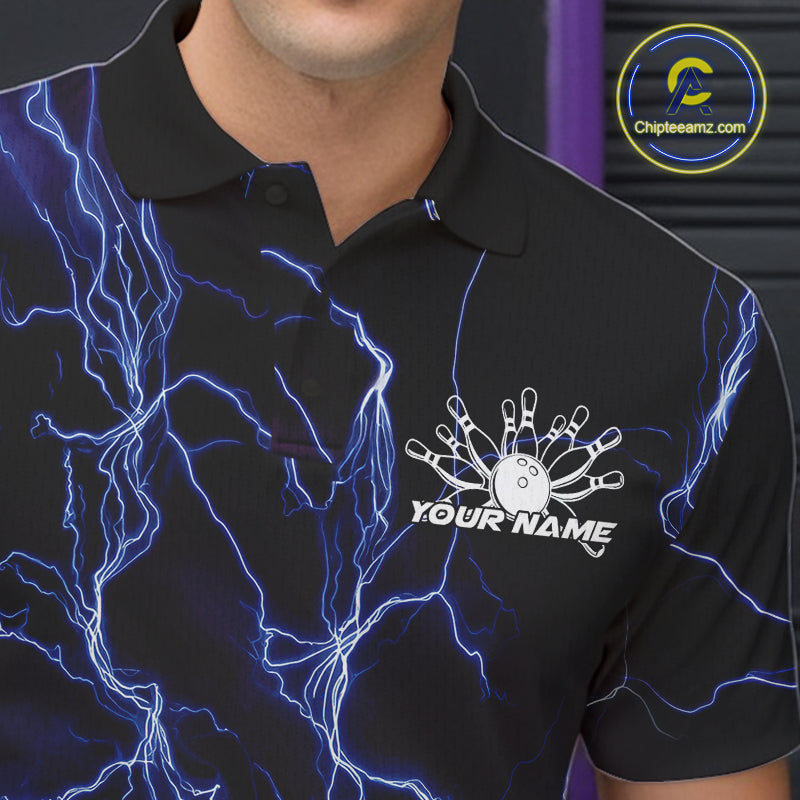 Custom Blue Thunder Lightning Bowling Ball And Pins Polo Shirts For Men, Team Uniform IPHW9507