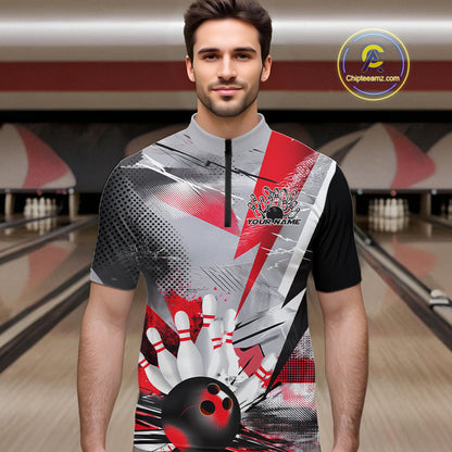 Custom Red And Gray Geometric Bowling Jerseys Bowling Team Quarter-Zip Shirts For Men IPHW9508