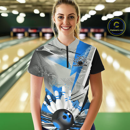 Custom Blue And Gray Geometric Bowling Jerseys Bowling Team Quarter-Zip Shirts For Women IPHW9509