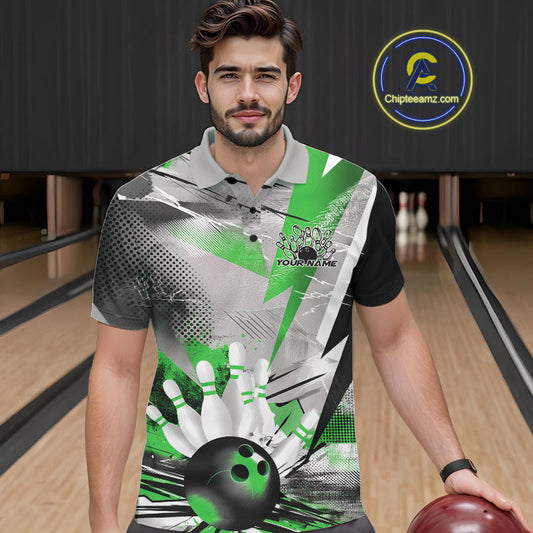 Custom Green And Gray Geometric Bowling Jerseys Bowling Team Polo Shirts For Men IPHW9510