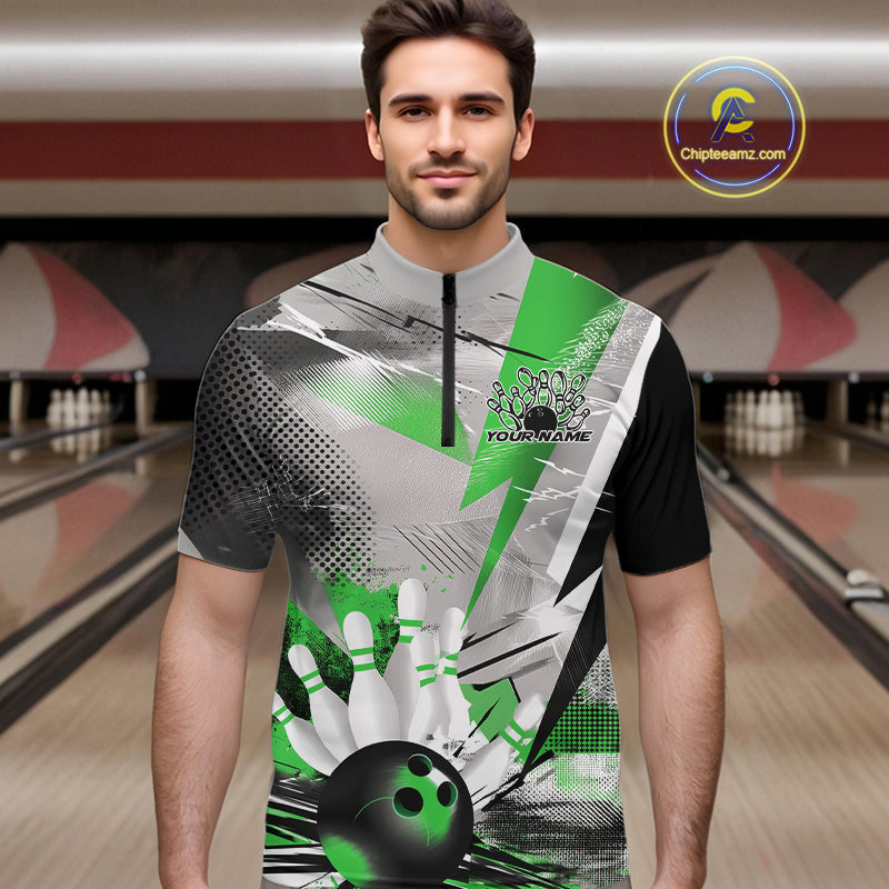 Custom Green And Gray Geometric Bowling Jerseys Bowling Team Quarter-Zip Shirts For Men IPHW9510