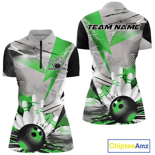 Custom Green And Gray Geometric Bowling Jerseys Bowling Team Quarter-Zip Shirts For Women IPHW9510