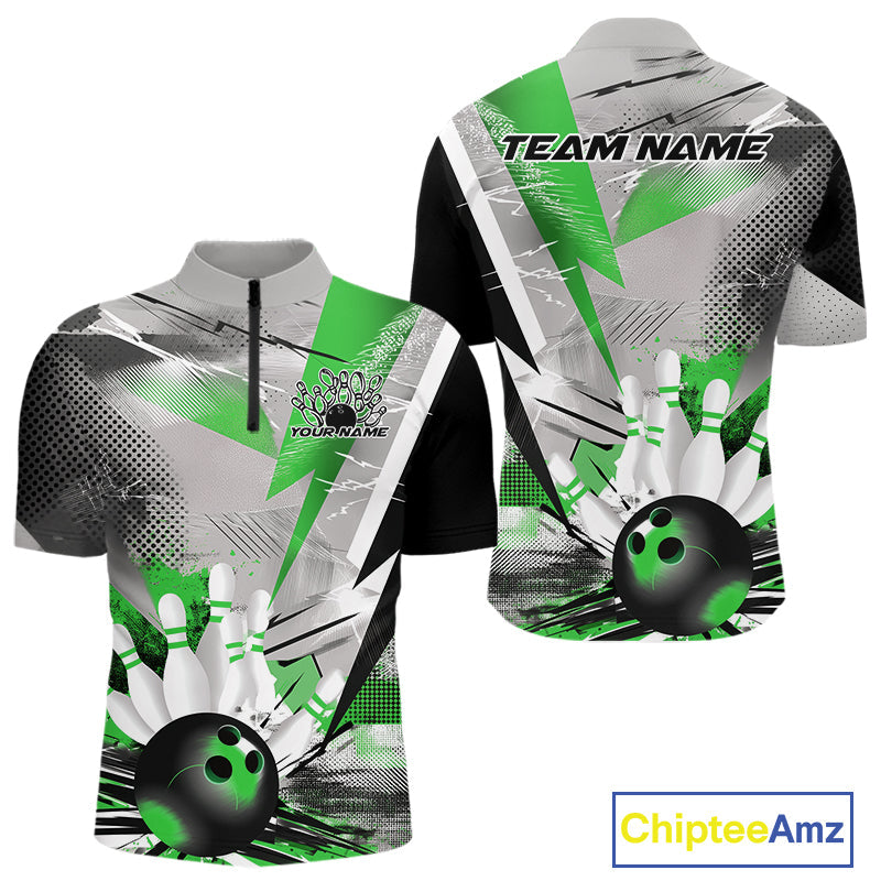 Custom Green And Gray Geometric Bowling Jerseys Bowling Team Quarter-Zip Shirts For Men IPHW9510