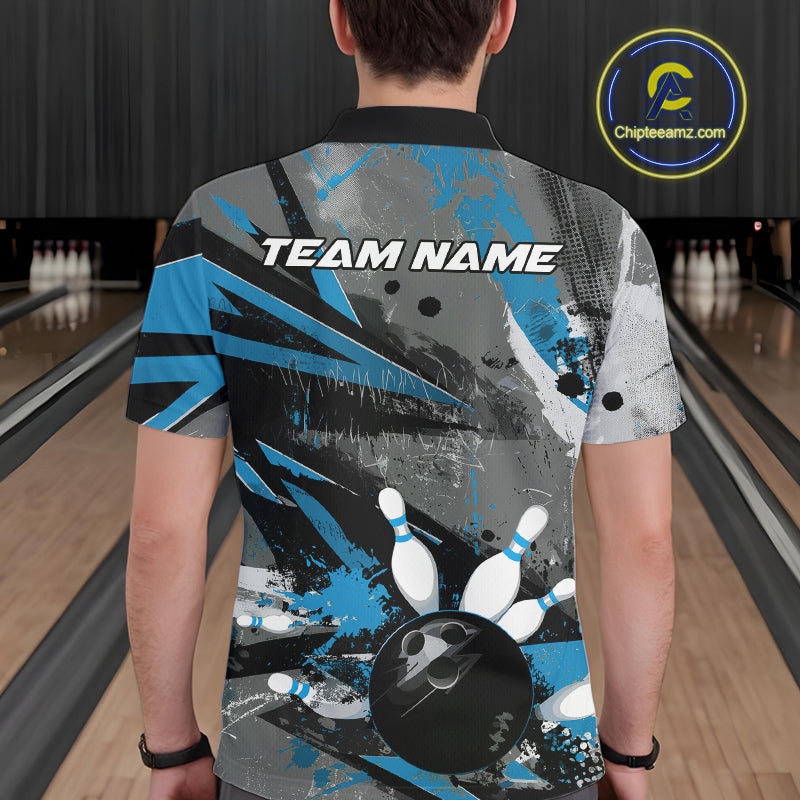 Custom Grunge Blue Bowling Polo Shirts For Men, Vintage Bowling Team Shirts IPHW9512