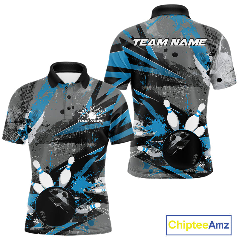 Custom Grunge Blue Bowling Polo Shirts For Men, Vintage Bowling Team Shirts IPHW9512