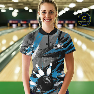 Custom Grunge Blue Bowling Quarter-Zip Shirts For Women, Vintage Bowling Team Shirts IPHW9512