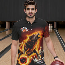 Load image into Gallery viewer, Custom Fire Flaming Wolf Bowling Polo Shirts For Men, Wolf Bowling Tournament Shirt IPHW8427