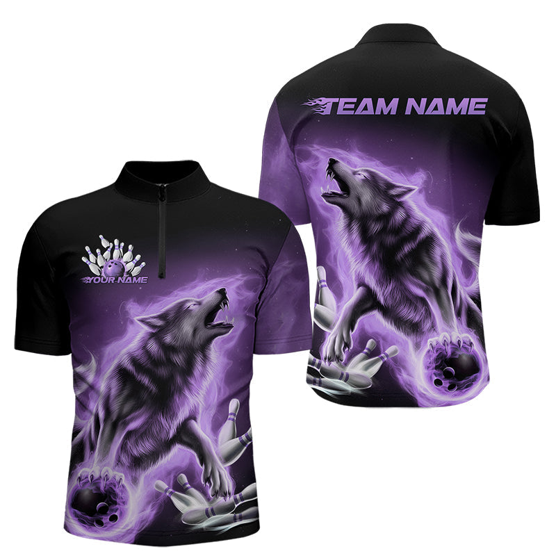 Custom Purple Fire Flaming Wolf Bowling Quarter-Zip Shirts For Men, Wolf Bowling Tournament Shirt IPHW8428