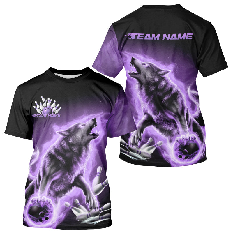 Custom Purple Fire Flaming Wolf Bowling T-Shirts For Men, Wolf Bowling Tournament IPHW8428