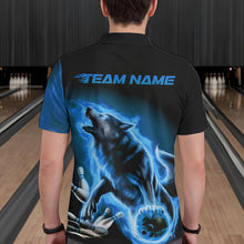 Load image into Gallery viewer, Custom Blue Fire Flaming Wolf Bowling Polo Shirts For Men, Wolf Bowling Tournament Shirt IPHW8429